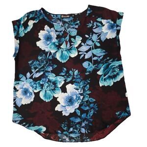 7th Avenue New York & Co XL Sleeveless Blouse Floral Keyhole Blue Burgundy